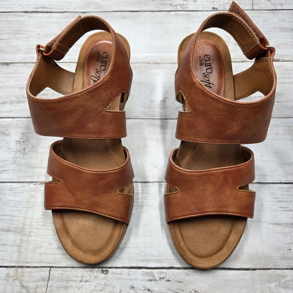 Eurosoft Sadra Wedge Sandals Strappy Cork Heel Womens 8.5M Tan Brown ES0022300